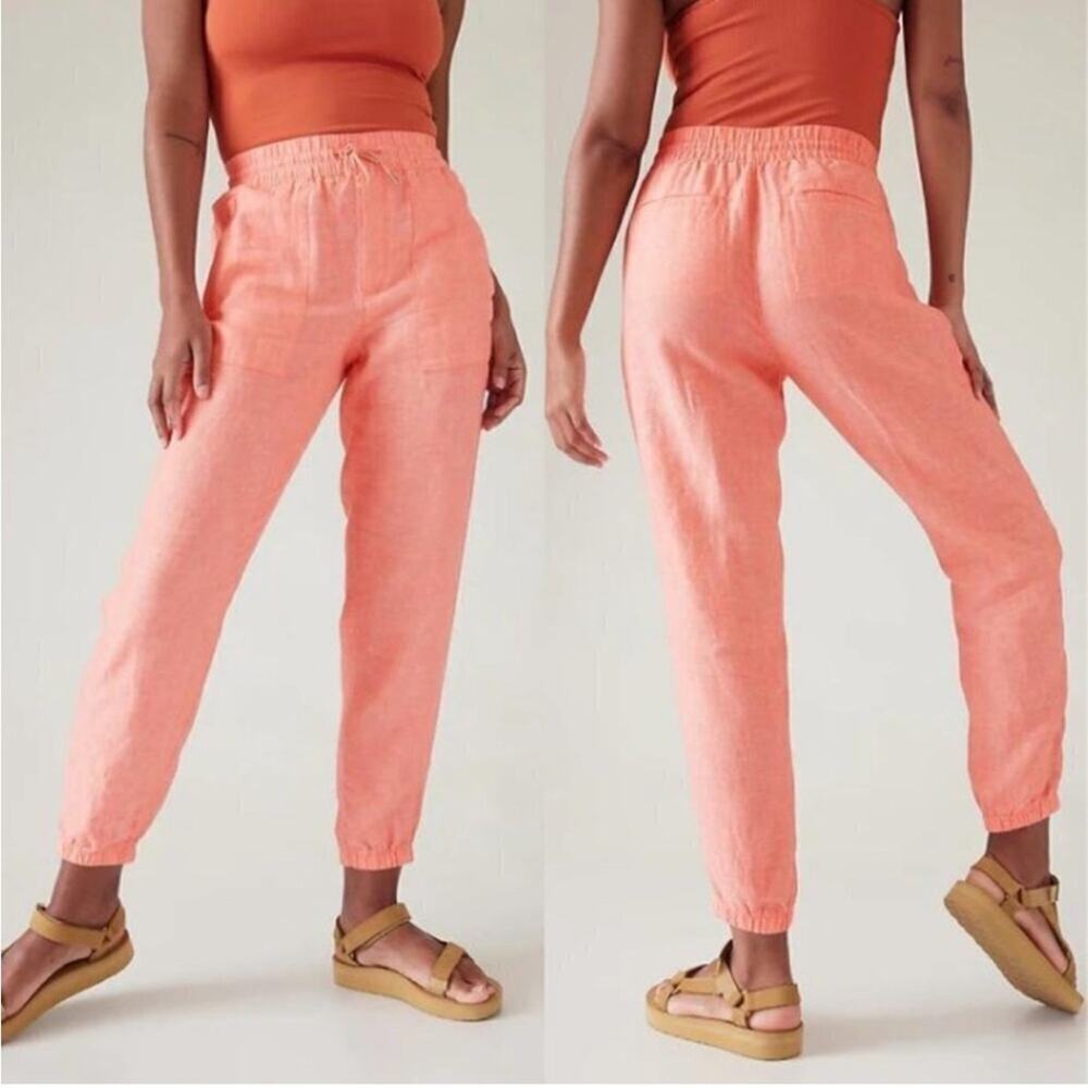 Athleta Retreat 100% Linen Jogger Pants in Sunset Glow (Coral) - Size 10